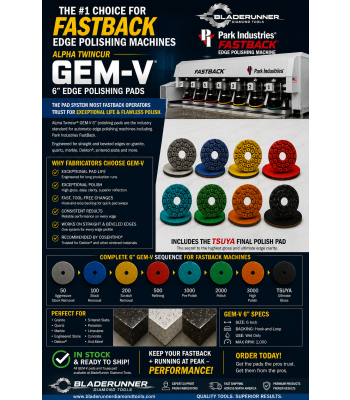 The leading industry polishing pad for countertop edge machines:  The Alpha Twincur GEM-V 6" Polishing Pads