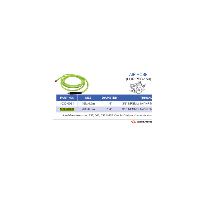 Alpha Tools 20' Air Hose for PSC-150
