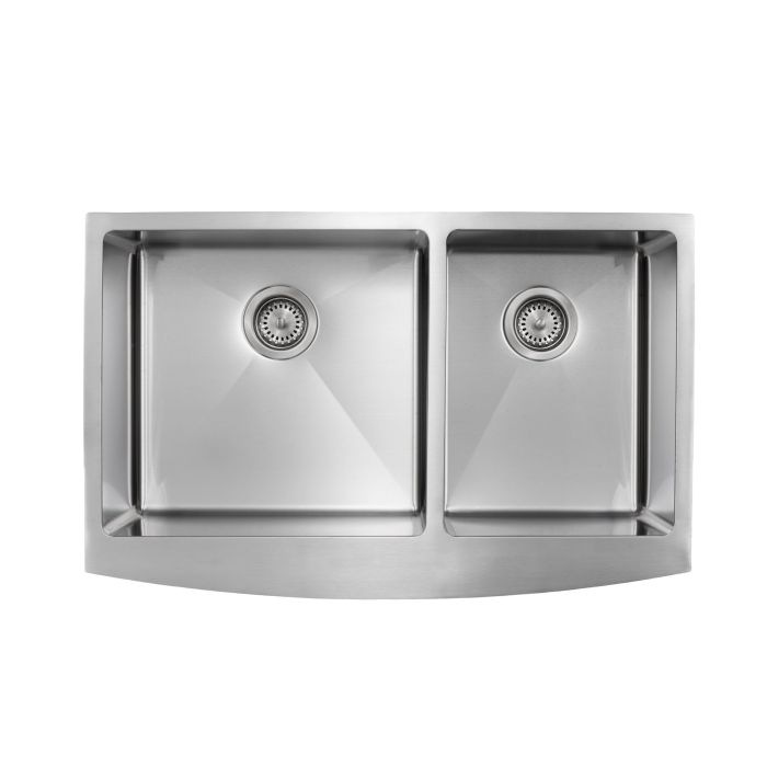 Master Chef- Toulouse Stainless Steel Apron Front Double Bowl 33x21x10 15 G SQUARE NON RADIAL CORNERS