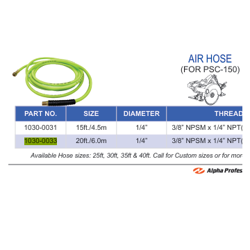 Alpha Tools 20' Air Hose for PSC-150